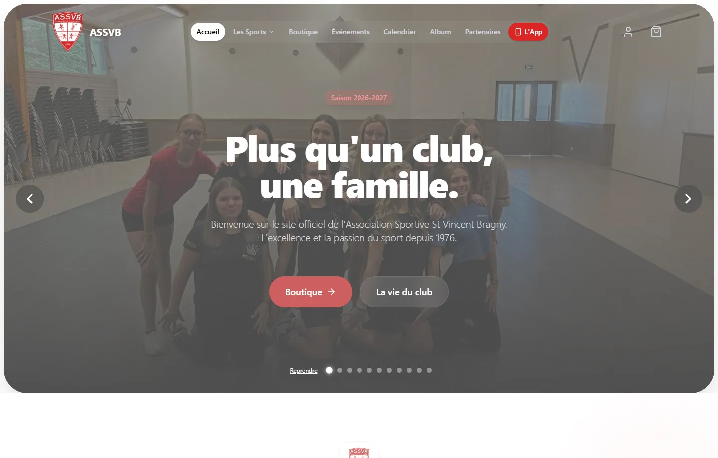 Aperçu du site ASSVB, une interface rouge et blanche autour de la vie du club